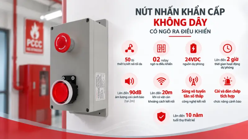 Nút nhấn khẩn cấp không dây có ngõ ra điều khiển Nút nhấn khẩn cấp không dây có ngõ ra điều khiển