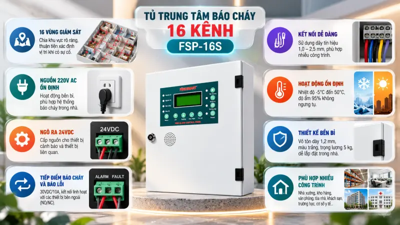 Tủ trung tâm báo cháy 16 kênh FSP-16S Tủ trung tâm báo cháy 16 kênh FSP-16S